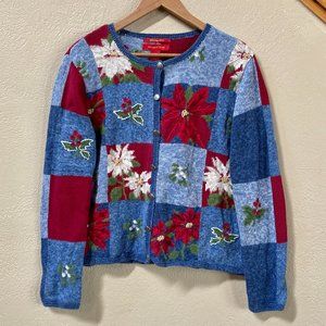 Northern Isles Cardigan Poinsettia Pretty Ugly Christmas Sweater Women's Large